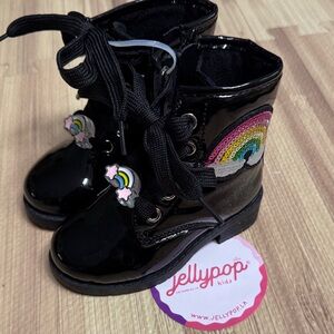 Brand new/ Jellypop Shiny Black Boots with Rainbow Accents